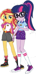 Size: 710x1460 | Tagged: safe, editor:php77, imported from derpibooru, sci-twi, sunset shimmer, twilight sparkle, equestria girls, legend of everfree, belt, boots, camp everfree outfits, clothes, converse, glasses, hand on butt, looking at you, ponytail, raised leg, shoes, simple background, sneakers, socks, sun, transparent background