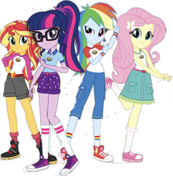 Size: 1425x1456 | Tagged: safe, editor:php77, imported from derpibooru, fluttershy, rainbow dash, sci-twi, sunset shimmer, twilight sparkle, butterfly, equestria girls, legend of everfree, belt, boots, bracelet, camp everfree outfits, clothes, converse, cute, glasses, jewelry, looking at you, ponytail, raised leg, shoes, shyabetes, simple background, sneakers, socks, stock vector, sun, transparent background, wristband