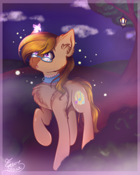 Size: 786x977 | Tagged: safe, artist:zefir-tyan, imported from derpibooru, oc, oc only, oc:dawnsong, butterfly, earth pony, pony, chest fluff, collar, female, glasses, night, outdoors, solo, tree, ych result