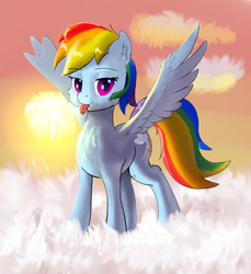 Size: 1098x1200 | Tagged: safe, artist:xbi, imported from derpibooru, rainbow dash, pegasus, pony, :p, backwards cutie mark, chest fluff, cloud, cute, female, fluffy, fluffy tongue, lidded eyes, looking at you, mare, silly, sky, solo, spread wings, tongue out, wings