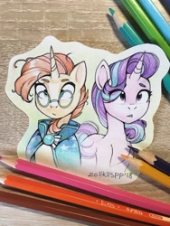 Size: 960x1280 | Tagged: safe, artist:lispp, imported from derpibooru, starlight glimmer, sunburst, pony, unicorn, cape, clothes, colored pencil drawing, cutout, duo, female, glasses, male, mare, pencil drawing, stallion, traditional art