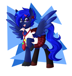 Size: 1280x1353 | Tagged: safe, artist:senseidezzy, deleted from derpibooru, imported from derpibooru, imported from ponybooru, oc, oc only, oc:neutrino burst, hippogriff, claws, clothes, crossdressing, cute, glasses, hairclip, male, necktie, plaid, plaid skirt, pleated skirt, ponerpics import, shoes, skirt, socks