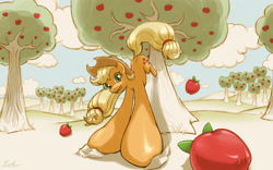 Size: 2560x1600 | Tagged: safe, artist:cow41087, imported from derpibooru, applejack, earth pony, pony, angle, apple, apple tree, applebucking, applejack mid tree-buck facing the left with 3 apples falling down, applejack mid tree-buck with 3 apples falling down, bucking, eyelashes, fail, falling, female, food, freckles, green eyes, looking at you, low angle, mare, misleading thumbnail, not breasts, perspective, smiling, smiling at you, solo, tree, wat