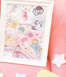 Size: 460x536 | Tagged: safe, imported from derpibooru, applejack, fluttershy, pinkie pie, rainbow dash, rarity, twilight sparkle, alicorn, carousel boutique, collaboration, little twin stars, mane six, my little pony logo, photo, sanrio, sanrio characters collabs, stock vector, twilight sparkle (alicorn)