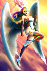 Size: 1024x1536 | Tagged: safe, artist:im-just-another-one, imported from derpibooru, rainbow dash, human, cutie mark on human, female, flying, humanized, large wings, sexy, solo, winged humanization, wings