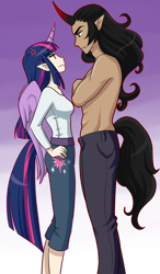 Size: 1000x1718 | Tagged: safe, artist:fuufuucuddles, artist:haine--chan, imported from derpibooru, king sombra, twilight sparkle, alicorn, human, alicorn humanization, clothes, duo, elf ears, female, horned humanization, humanized, intimidating, male, shipping, simple background, straight, tailed humanization, transparent background, twibra, twilight sparkle (alicorn), winged humanization, wings