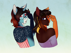 Size: 1916x1428 | Tagged: safe, artist:blackblood-queen, imported from derpibooru, oc, oc:annie belle, oc:daniel dasher, anthro, dracony, hybrid, brother and sister, clothes, curved horn, female, glasses, looking back, male, mare, off shoulder, siblings, slit eyes, slit pupils, stallion, sunglasses