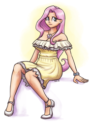 Size: 1421x1920 | Tagged: safe, artist:king-kakapo, imported from derpibooru, fluttershy, human, breasts, busty fluttershy, clothes, cute, dress, female, high heels, humanized, shoes, shyabetes, sitting, smiling, solo