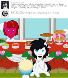 Size: 540x620 | Tagged: safe, artist:aha-mccoy, imported from derpibooru, oc, oc only, oc:gamercolt, oc:tosh, earth pony, pony, robot, robot pony, nopony-ask-mclovin, animated, ask, buffet, male, ponies eating meat, stallion, this will end in weight gain, tumblr