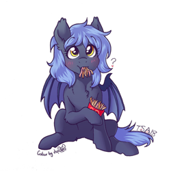 Size: 1200x1200 | Tagged: safe, artist:dsp2003, artist:twisted-sketch, color edit, edit, imported from derpibooru, oc, oc only, oc:panne, bat pony, pony, bat pony oc, blushing, colored, cute, daaaaaaaaaaaw, female, food, french fries, hoof hold, looking at you, mare, question mark, simple background, solo, transparent background