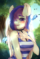 Size: 3628x5315 | Tagged: safe, artist:krisfox97, imported from derpibooru, oc, oc only, oc:lilith kamaria, anthro, butterfly, pegasus, anthro oc, blushing, choker, clothes, female, forest, hair over one eye, mare, smiling, tanktop, tree, wings, ych result