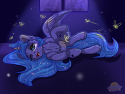 Size: 540x405 | Tagged: safe, artist:laurasscetches, imported from derpibooru, princess luna, alicorn, firefly (insect), pony, chest fluff, cute, ethereal mane, explicit source, female, lunabetes, mare, missing accessory, on side, one eye closed, open mouth, side, solo, starry mane, window