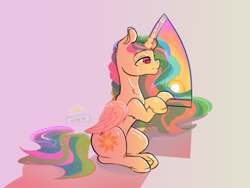 Size: 540x405 | Tagged: safe, artist:laurasscetches, imported from derpibooru, princess celestia, alicorn, pony, cutie mark, explicit source, female, gradient background, lidded eyes, mare, missing accessory, sitting, solo, sun, window