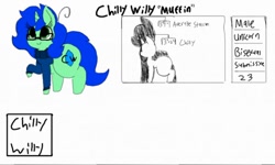 Size: 512x308 | Tagged: safe, artist:chillywilly, imported from derpibooru, oc, oc only, oc:chilly willy, pony, unicorn, clothes, fake eyelashes, femboy, glasses, large butt, male, reference sheet, size comparison, solo, sweater