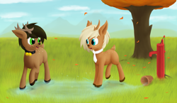 Size: 1600x929 | Tagged: safe, artist:deerdraw, imported from derpibooru, oc, oc:deeraw, oc:wandeer, deer, deer pony, original species, antlers, bell, bell collar, bucket, collar, grass, leaves, looking at each other, male, necktie, playing, smiling, tree, water