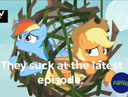 Size: 1867x1413 | Tagged: safe, edit, edited screencap, imported from derpibooru, screencap, applejack, rainbow dash, non-compete clause, abuse, cropped, dashabuse, jackabuse, non-compete clause drama, op is a duck, op is trying to start shit