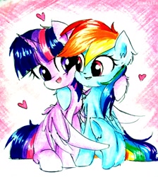 Size: 1458x1629 | Tagged: safe, artist:liaaqila, imported from derpibooru, rainbow dash, twilight sparkle, alicorn, pegasus, pony, commission, female, heart, hug, lesbian, looking at each other, open mouth, shipping, sitting, traditional art, twidash, twilight sparkle (alicorn), underhoof, winghug