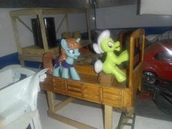 Size: 3264x2448 | Tagged: safe, imported from derpibooru, granny smith, sassy saddles, pony, basket, blind bag, everfree customs, female, garage, irl, photo, picnic basket, shelves, toy, volkswagen, volkswagen beetle