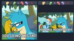 Size: 990x543 | Tagged: safe, edit, edited screencap, imported from derpibooru, screencap, gallus, rainbow dash, derpibooru, non-compete clause, caption, gunshow, image macro, meme, meta, text, the anime club, vulgar, you dense motherfucker, you seeing this shit