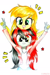 Size: 1756x2635 | Tagged: safe, artist:liaaqila, imported from derpibooru, oc, oc only, oc:calvia, oc:shona lunar, equestria girls, commission, cute, female, friends, peace sign, traditional art