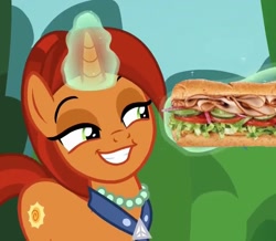 Size: 931x812 | Tagged: safe, edit, edited screencap, imported from derpibooru, screencap, stellar flare, pony, unicorn, the parent map, clothes, cropped, faic, female, food, glowing horn, grin, jewelry, mare, necklace, not porn, pearl necklace, sandwich, sandwich censorship, smiling, solo