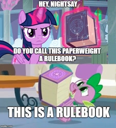 Size: 500x553 | Tagged: safe, edit, edited screencap, imported from derpibooru, screencap, spike, twilight sparkle, alicorn, dragon, pony, non-compete clause, school daze, angry, book, eea rulebook, female, frown, glare, grammar error, levitation, looking at you, magic, mare, meme, misspelling, raised hoof, size matters, solo, telekinesis, twilight sparkle (alicorn)