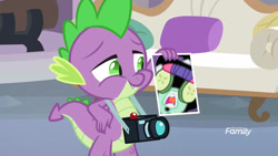 Size: 1280x720 | Tagged: safe, edit, edited screencap, imported from derpibooru, screencap, rarity, spike, dragon, non-compete clause, over a barrel, camera, cucumber, discovery family logo, exploitable meme, female, food, male, meme, photo, shipping, smiling, sparity, spike's photo, straight