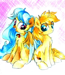 Size: 1521x1771 | Tagged: safe, artist:liaaqila, imported from derpibooru, oc, oc only, pegasus, pony, unicorn, female, male, mare, sitting, stallion, traditional art