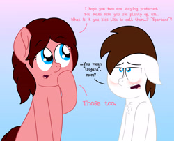 Size: 4500x3629 | Tagged: safe, artist:aarondrawsarts, imported from derpibooru, oc, oc:brain teaser, pony, dialogue, embarrassed, female, male, mother, mother and son, mother's day, tumblr