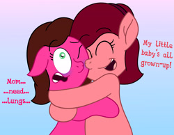 Size: 4500x3497 | Tagged: safe, artist:aarondrawsarts, imported from derpibooru, oc, oc:rose bloom, pony, dialogue, female, hug, mother, mother and daughter, mother's day, strangling, suffocating, tumblr
