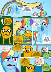 Size: 600x848 | Tagged: safe, artist:imbriaart, imported from derpibooru, rainbow dash, dog, human, pegasus, pony, comic:magic princess war, adventure time, clothes, comic, crossover, finn the human, jake the dog, korean, lady rainicorn, rainicorn