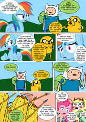 Size: 600x848 | Tagged: safe, artist:imbriaart, imported from derpibooru, pinkie pie, rainbow dash, dog, earth pony, human, pegasus, pony, comic:magic princess war, adventure time, clothes, comic, crossover, finn the human, jake the dog, pun, spear, star butterfly, star vs the forces of evil, weapon