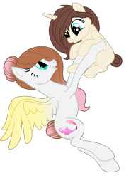 Size: 614x828 | Tagged: safe, artist:cindydreamlight, artist:cindystarlight, imported from derpibooru, oc, oc only, oc:annabelle, oc:roxy, pegasus, pony, unicorn, female, filly, holding a pony, mare, mother and daughter, simple background, transparent background