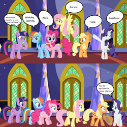 Size: 1000x1000 | Tagged: safe, imported from derpibooru, applejack, fluttershy, pinkie pie, rainbow dash, rarity, twilight sparkle, alicorn, earth pony, pegasus, pony, unicorn, 20th century fox, alice, alice in wonderland, anastasia, anastasia nikolaevna romanova, beauty and the beast, belle, bipedal, comic, disney, disney princess, don bluth, hilarious in hindsight, mane 6 interests (tv edition), mane six, meme, misspelling, one of these things is not like the others, peter pan, princess aurora, princess tiana, sleeping beauty, the princess and the frog, tiana, twilight sparkle (alicorn), wendy darling