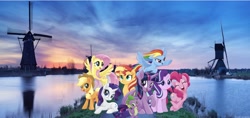 Size: 2048x965 | Tagged: safe, artist:php77, editor:php77, imported from derpibooru, applejack, fluttershy, pinkie pie, rainbow dash, rarity, spike, starlight glimmer, sunset shimmer, twilight sparkle, alicorn, my little pony: the movie, irl, netherlands, photo, ponies in real life, twilight sparkle (alicorn), wallpaper, water, windmill
