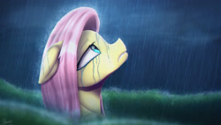 Size: 3840x2160 | Tagged: safe, artist:equestrian-downfall, imported from derpibooru, fluttershy, pony, bust, crying, female, floppy ears, looking up, mare, profile, rain, solo, storm