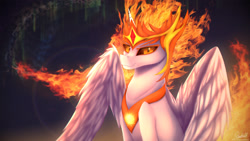 Size: 1920x1080 | Tagged: safe, artist:equestrian-downfall, imported from derpibooru, daybreaker, alicorn, pony, female, jewelry, lens flare, looking at you, mane of fire, mare, regalia, sitting, smiling, solo