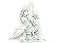 Size: 1400x1043 | Tagged: safe, artist:baron engel, imported from derpibooru, oc, oc only, oc:carousel, earth pony, pony, chair, eyes closed, female, grayscale, mare, monochrome, pencil drawing, simple background, singing, sketch, solo, traditional art, water, white background