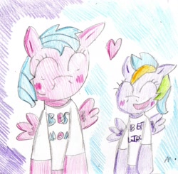 Size: 1510x1480 | Tagged: safe, artist:ptitemouette, imported from derpibooru, firefly, oc, oc:speed flash, pegasus, pony, female, heart, magical lesbian spawn, mother and daughter, mother's day, offspring, parent:firefly, parent:rainbow dash, parents:dashfly