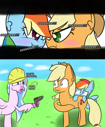 Size: 2273x2740 | Tagged: safe, artist:artiks, imported from derpibooru, applejack, rainbow dash, silverstream, classical hippogriff, hippogriff, pony, non-compete clause, appledash, boop, dialogue, female, gun, lesbian, noseboop, scrunchy face, shipping, weapon