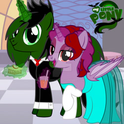 Size: 1024x1024 | Tagged: safe, artist:izaackpony, edit, imported from derpibooru, oc, oc only, oc:isabel, oc:izaack, alicorn, bat pony, bat pony alicorn, pony, bat pony oc, cake, clothes, dress, female, food, gala, glowing horn, juice, logo, logo edit, magic, male, mare, necktie, raised hoof, stallion, suit, telekinesis, watermark