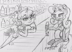 Size: 2224x1622 | Tagged: safe, artist:floofyfoxcomics, imported from derpibooru, oc, oc only, oc:autumn science, oc:mimosa, pony, unicorn, female, glass, magic, mare, monochrome, sketch, traditional art
