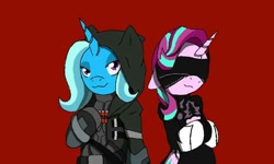 Size: 720x432 | Tagged: safe, artist:zeroexe109, imported from derpibooru, starlight glimmer, trixie, pony, unicorn, 2b, blindfold, clothes, cosplay, costume, duo, nier: automata, overwatch, reaper (overwatch)