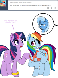 Size: 600x800 | Tagged: safe, artist:dekomaru, imported from derpibooru, rainbow dash, trixie, twilight sparkle, pegasus, pony, unicorn, tumblr:ask twixie, ask, clothes, cross-popping veins, eyepatch, female, lesbian, mare, pirate dash, shipping, tumblr, twidash, twixie