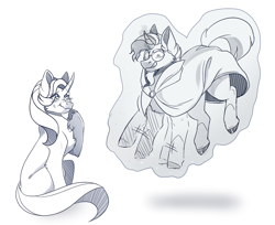 Size: 1024x836 | Tagged: safe, artist:slushshe, imported from derpibooru, starlight glimmer, sunburst, pony, unicorn, chest fluff, glowing horn, levitation, magic, self-levitation, smiling, telekinesis