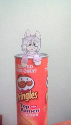 Size: 912x1600 | Tagged: safe, artist:scraggleman, imported from derpibooru, oc, oc only, oc:floor bored, earth pony, pony, chips, clothes, food, hoodie, irl, messy mane, paper child, photo, ponies in real life, potato chips, pringles, solo, tiny ponies, traditional art