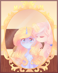 Size: 2076x2576 | Tagged: safe, artist:shimayaeiko, imported from derpibooru, oc, oc only, pony, unicorn, brushie, brushing, duo, female, glowing horn, hairbrush, mare, mirror