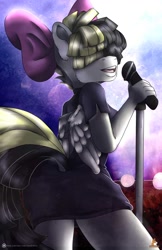 Size: 828x1280 | Tagged: safe, artist:gingerbreadarts, imported from derpibooru, songbird serenade, anthro, my little pony: the movie, clothes, female, hair over eyes, microphone, open mouth, singing, solo, stage