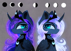 Size: 1842x1337 | Tagged: safe, artist:magnaluna, imported from derpibooru, princess luna, alicorn, pony, alternate hairstyle, alternate universe, female, full moon, lunar phases, mare, moon, new moon, simple background, solo