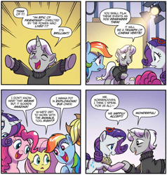 Size: 994x1046 | Tagged: safe, artist:tonyfleecs, idw, imported from derpibooru, applejack, fluttershy, pinkie pie, rainbow dash, rarity, wormer horsehooves, pony, unicorn, spoiler:comic, spoiler:comic66, clothes, comic, cropped, female, male, mare, official comic, speech bubble, stallion, sweater